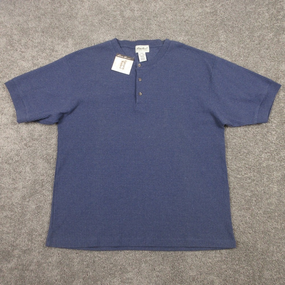 Vintage Eddie Bauer Sweater Mens XL Blue Short Sleeve Ringer Tee Knit Henley NEW